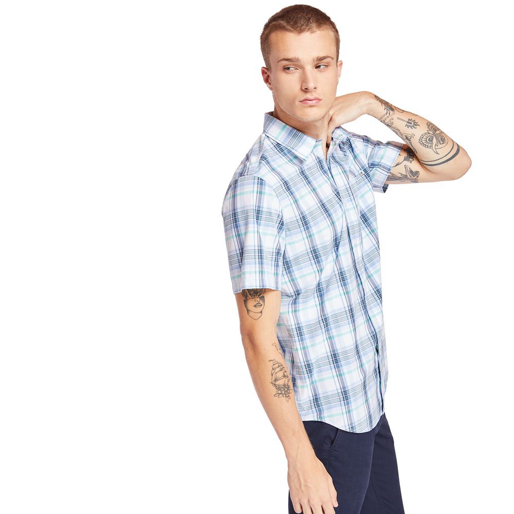 Camisa Timberland Argentina Hombre - Short-Sleeve Indian River Madras - Azules/Blancas - ZXVKGI-061